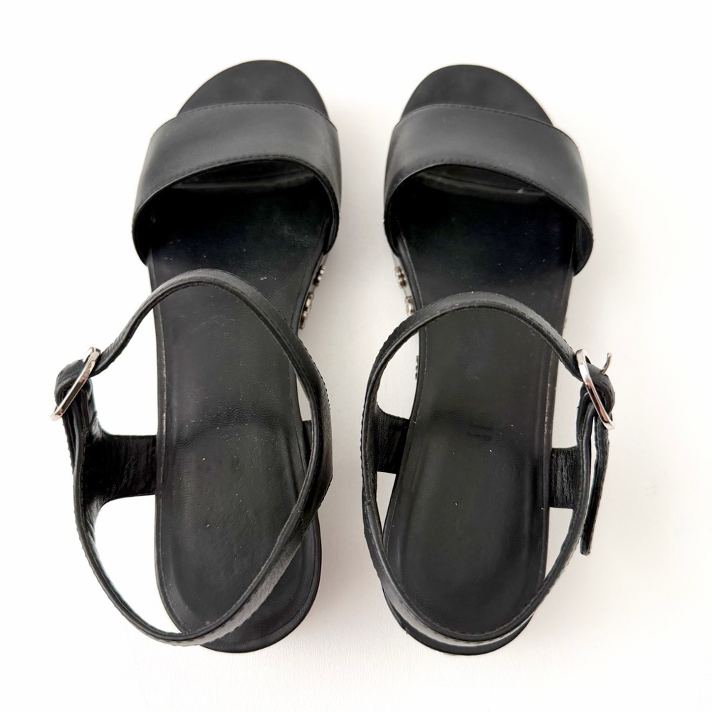CHANEL | Camellia Logo Wood Platform Clog Sandals Black Calfskin Ankle Strap 39 - Picture 7 of 13
